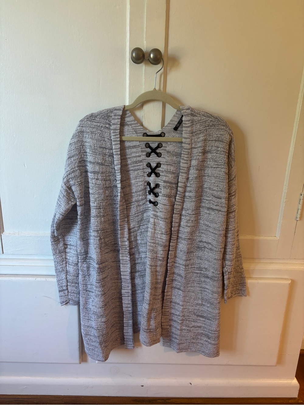 NIC+ZOE Gray Marled Lace-Up Open Cardigan